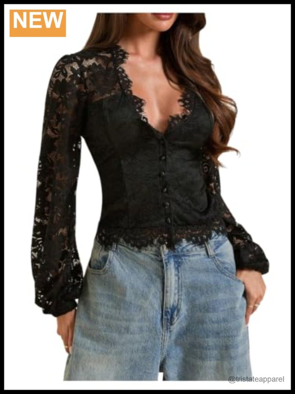 Elegant Lace V-Neck Blouse with Long Lantern Sleeves Button Up